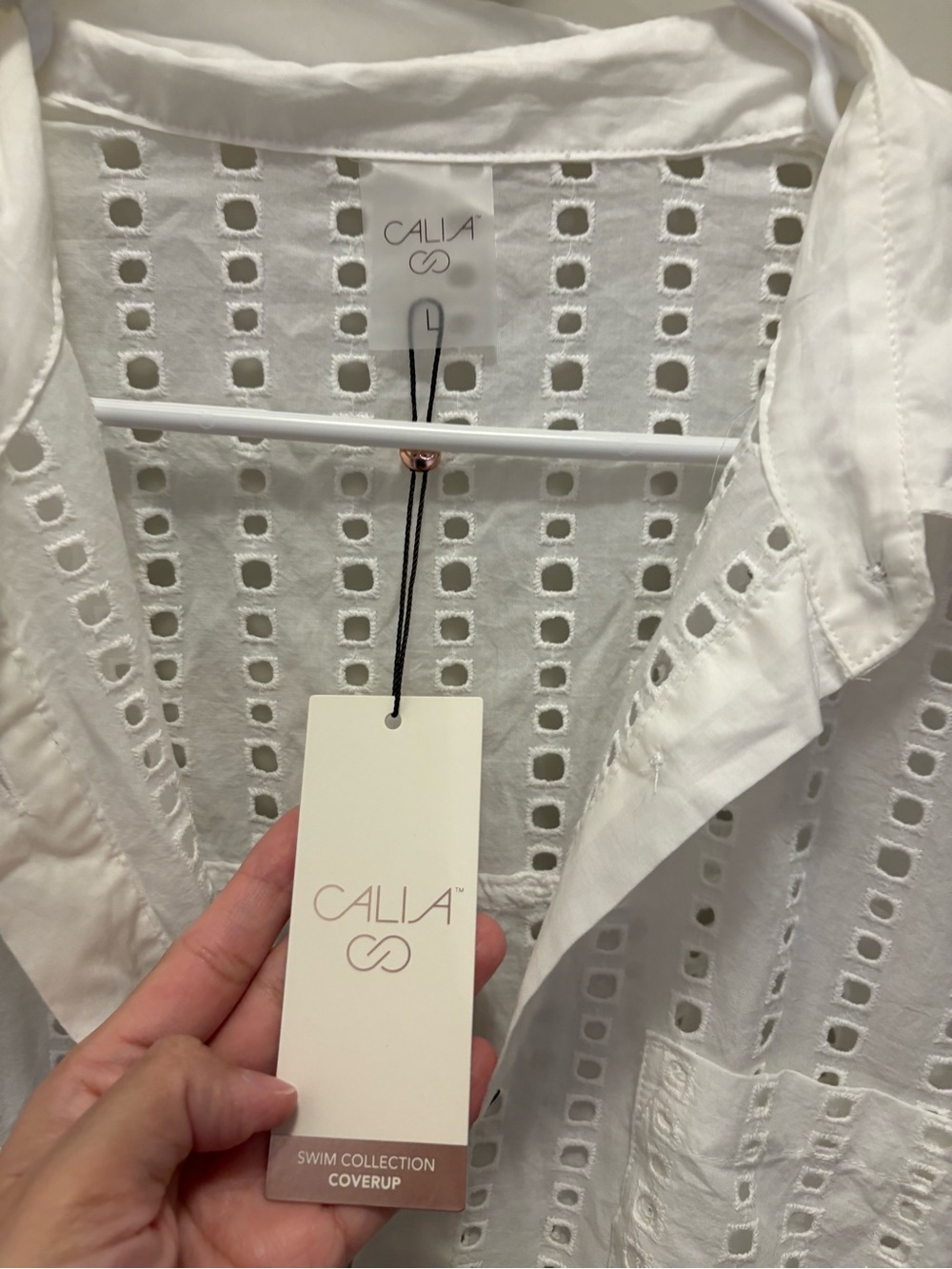Calia White Eyelet Cotton Button-Down Shirt - Lightweight Cover up beach NWT L - Picture 4 of 6